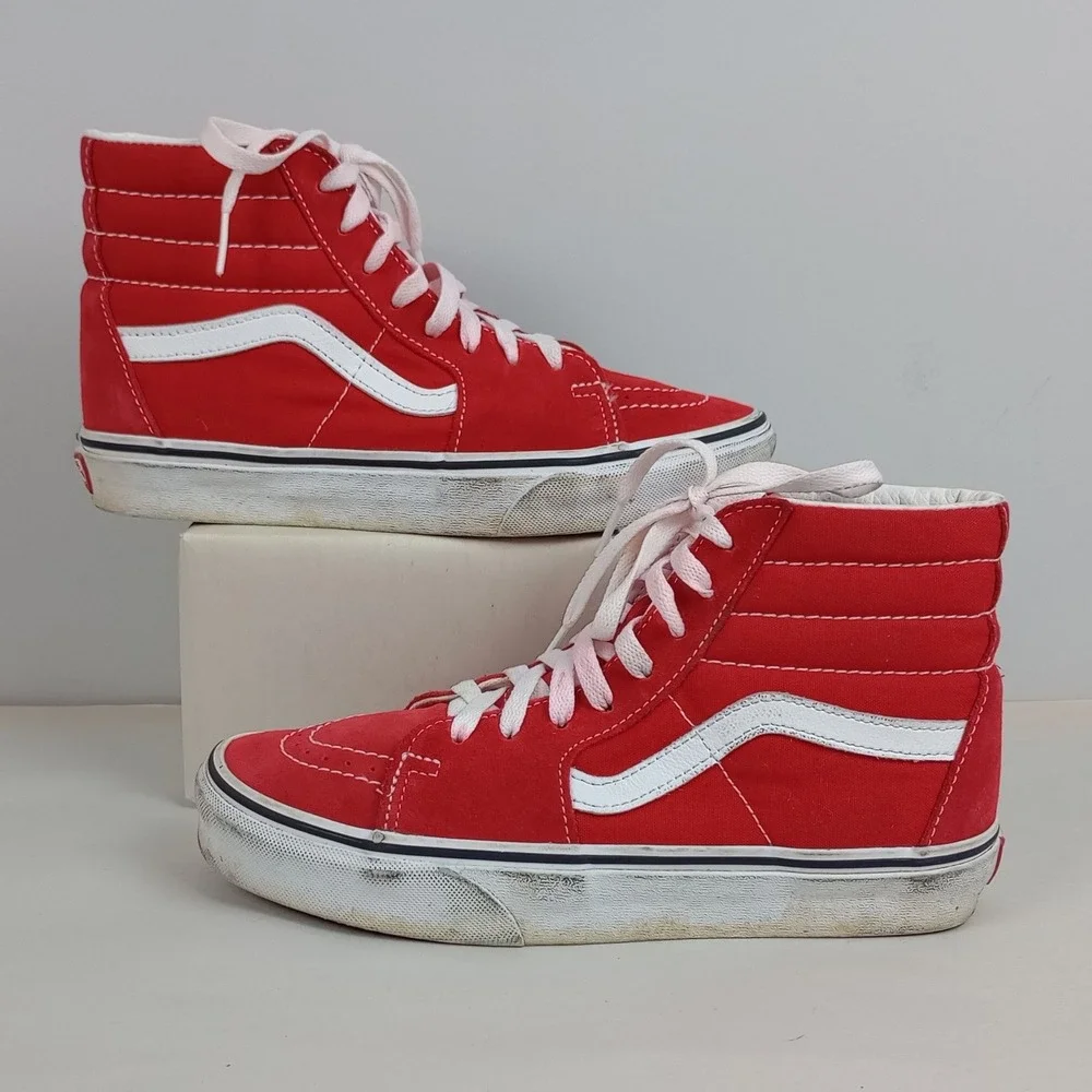 Vans Women 7.5 Red Suede Canvas High Top Skateboard Shoes Sk8-Hi